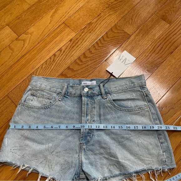 ZARA Rhinestone Fireworks Blue Denim Ripped Jean Shorts Sz 40/ US 8 - Picture 12 of 13